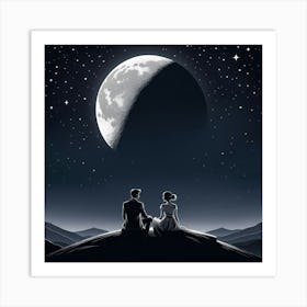 Couple Looking At The Moon, A Single Elegant Line Drawing Of A Men And Woman Art Of Sitting To Gather Alone Back Side Art Print