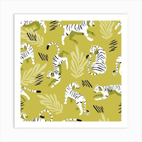 White Tiger Pattern On Light Green Square Art Print