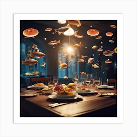 Fish Flying Over A Table Art Print