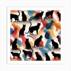 Seamless Pattern With Silhouettes Of Cats Art Print