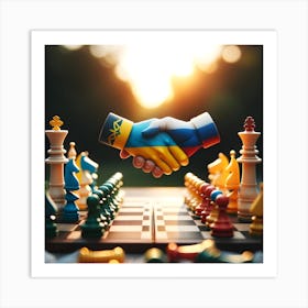 Chess Board With Russian Ukrainian Hands Shaking Art Print