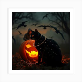 Black Cat By Halloween Pumpkin - Diverse Art Illustration 62 Art Print