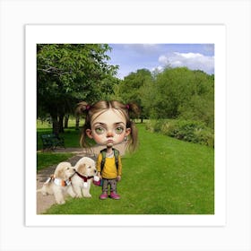 Girl With Dogs Art Print