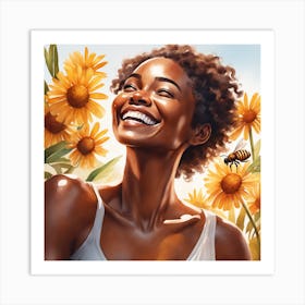 Portrait Of A Woman With Sunflowers Art Print