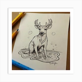 Deer In The Water 16 Art Print