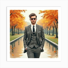 Sophisticated Man In Watercolor Suit, Serene Autumn Park 1 Art Print