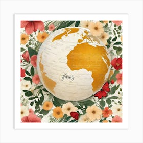 World Map With Flowers Art Print