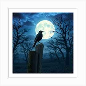 Crow On A Wooden Post At Night Art Print