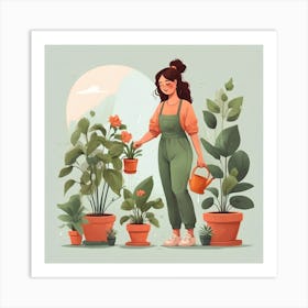 Gardener Woman Watering Plants Art Print
