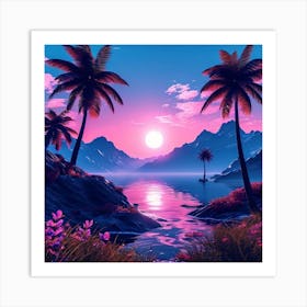 Sunset In The Mountains, Tropical Landscape With Palm Trees, blue sky, wall art, trees, flowers, and sun. good look, Art Print