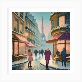 Paris cafes, winter season, Christmas, pale colors, pedestrians in the street, winter clothes, falling snow.4 2 Art Print