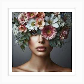 Flower Bouquet On A Woman'S Head Art Print