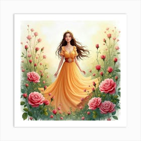 Radiant Young Queen In A Watercolor Garden With Vibrant, Blooming Roses Art Print