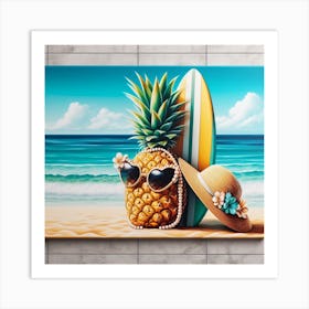 Pineapple with Pearl Earrings and Straw Hat: A Realistic and Beachy Art Print