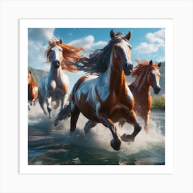 Wild Horses Running In The river Art Print