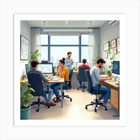 Busy Tech Startup Office In Watercolor, With Collaborative Spaces And Gadgets Art Print