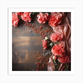 Pink Carnations On A Wooden Table 1 Art Print