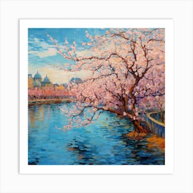 Cherry Blossoms By The River Art Print