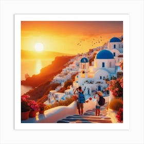 Sunset In Oia, Greece Art Print