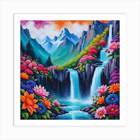 Waterfall And Flowers Art Print