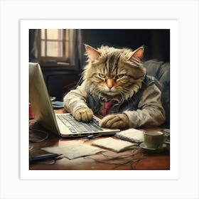 Cat Working On A Laptop Art Print