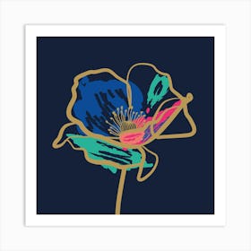 Poppy Flower Minimal Line Art Dark Blue Art Print