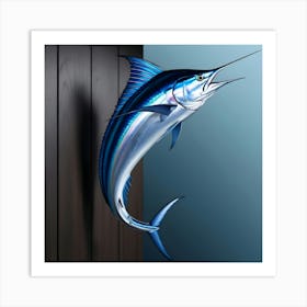 A Breathtakingly Rendered Illustration Of A Majestic Bluefin Marlin, Meticulously Mounted On A Sleek, Dark Stained Wooden Wall, With Meticulous Attention To Detail, Showcasing The Fish S Iridescent Blue And Silver Scales Glimmering Art Print