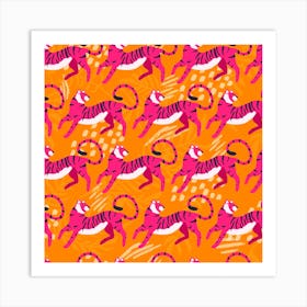 Bright Pink Tiger Pattern On Vibrant Orange Pattern With Decoration Square Art Print