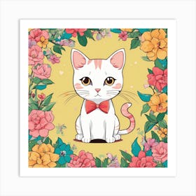 Cute Cat With Flowers Art Print