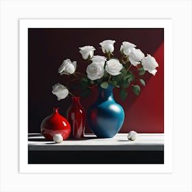 Still Life with Sea Green Vase, Red Bottle and White Roses Poster