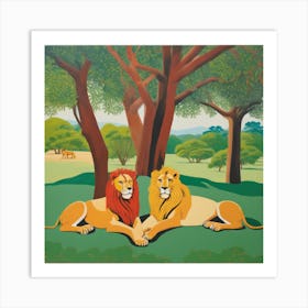 Lions Resting under Acacia Trees Series. Style of David Hockney Art Print