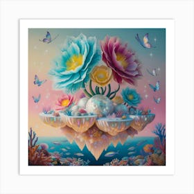 A Surreal Scene Featuring Giant Flowers Sprouting From Floating Islands With An Interesting Blend Of Coral Reefs, Butterflies, And Stars 3 Art Print