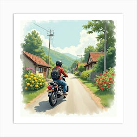 Retro Motorcycle On A Quiet Village Road With Gardens Watercolor 1 Art Print