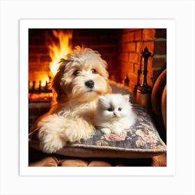 Dog And Cat In Front Of Fireplace Art Print