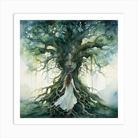 Tree Woman With Roots Intertwining With Limbs Standing Central In A Dreamlike Landscape Watercolor Art Print