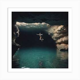 Man Jumping Into A Cave Art Print