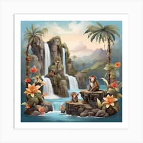 Waterfall and monkeys 2 Art Print