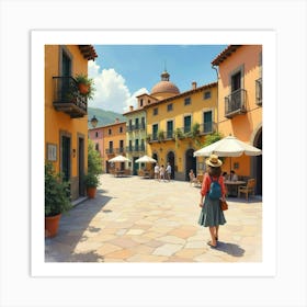 Spanish Woman In A Picturesque Plaza, Watercolor With Quaint Charm 1 Art Print