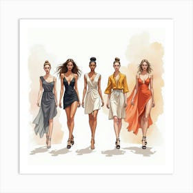 Sleek Fashion Runway In Watercolor, Showcasing Dynamic Designs And Models Art Print