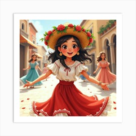 Spanish Girl In A Joyful Festival, Watercolor With Vibrant Decorations 1 Art Print