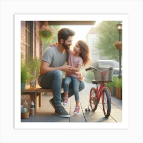 Father And Daughter Sitting On The Bench Art Print