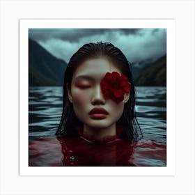 Model Girl With Red Flower Art Print