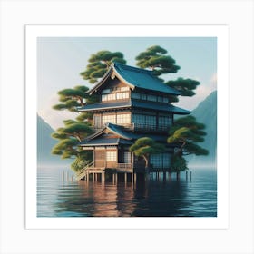 Japanese house in the middle of the sea and trees 1 Art Print