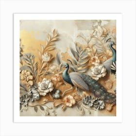 Peacocks And Flowers 6 Art Print