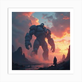 Giant Titan In Battle Under A Glowing, Rainbow Hued Sky 1 Art Print