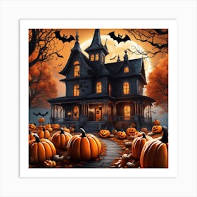 Halloween House With Pumpkins 3 Art Print