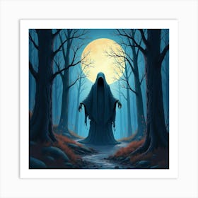 Horror Specter In Moonlit Forest, Watercolor, Chilling Colors 1 Art Print