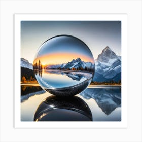 Abstract Illustration Of A Giant Metall Ball In A Lake With A Mountain View Art Print