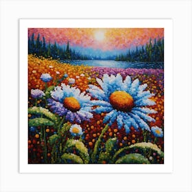 Pointillist on canvas "Flower of Daisies" 2 Art Print