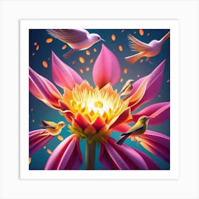 Lotus Flower With Birds Art Print